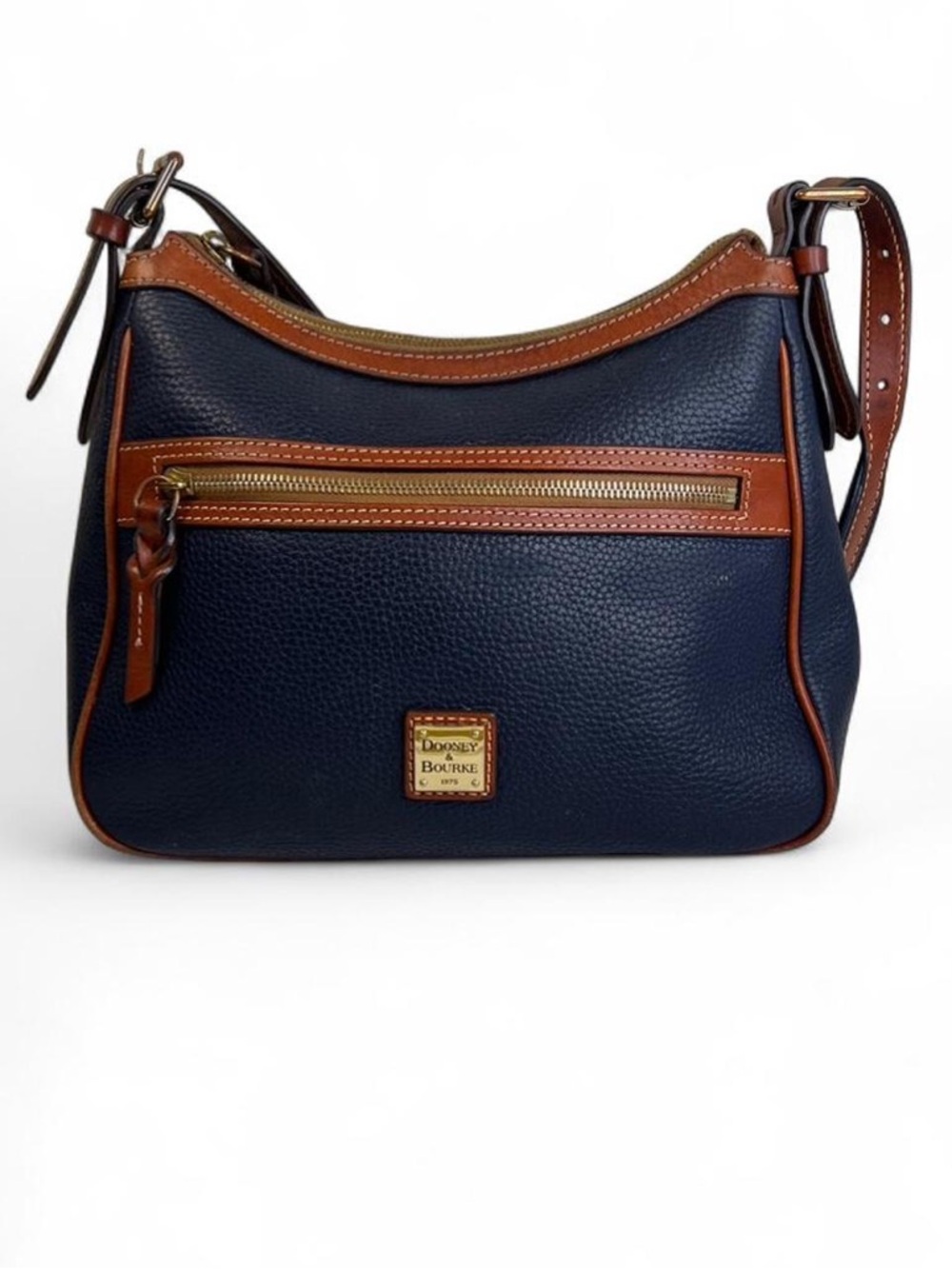 Dooney & Bourke Pebble Grain Small Presley Navy Leather Crossbody w Brown Trim
